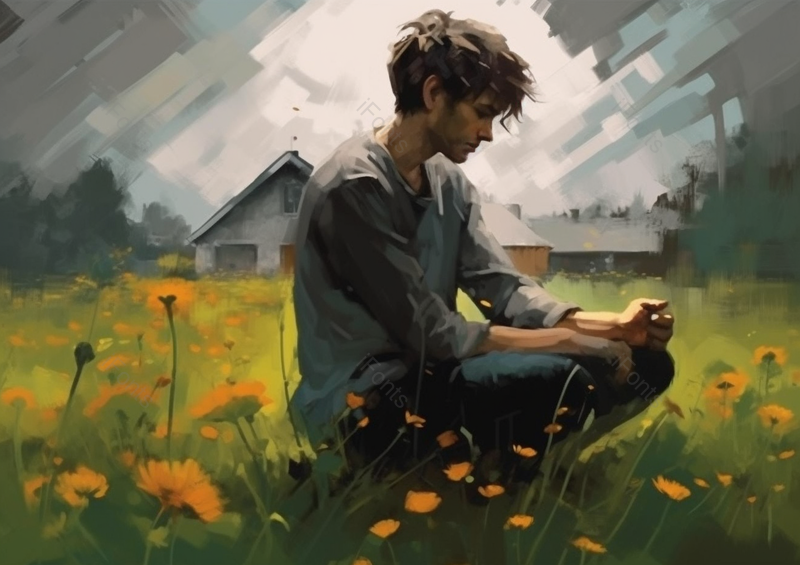 田野草地黄色花簇旁半蹲着的欧式男人男孩,插画/手绘图,插画/手绘图库,插画/手绘图下载,插画/手绘